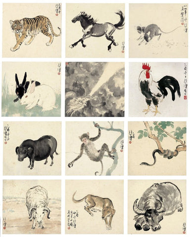 12 Birth Signs Zodiac Animals - Xu Beihong - Chinese Art Painting by Xu Beihong