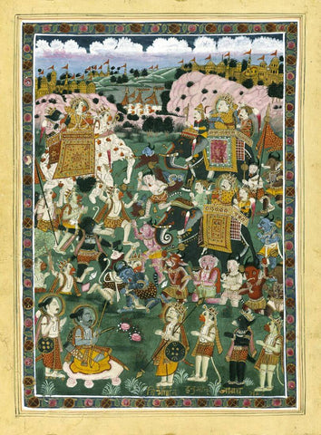 A Battle Scene At Lanka - Murshidabad School -Vintage Indian Miniature Art From Ramayana by Tallenge