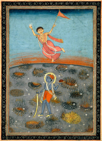 A Devi Flies Over Krishna - Punjab Hills - 18th Century Vintage Painting - Life Size Posters by Krishna Pichwai