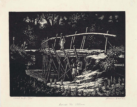 Across The Stream - Haren Das - Bengal School Art Woodcut Painting by Haren Das