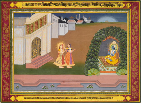 An Attendant brings Radha to Krishna - Jaipur School - 18th Century Vintage Indian Painting by Tallenge