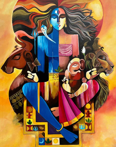 Ardhanarishwar - Shiva (Male) And Shakti (Female)  - Contemporary Painting - Framed Prints by Tallenge