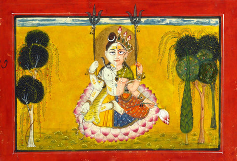 Ardhanarishwar - Shiva (Male) And Shakti (Female) - Vintage Indian Miniature Art Painting - Art Prints by Tallenge