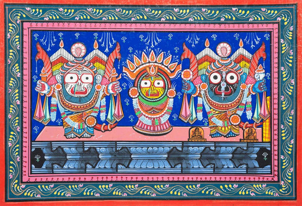 Balarama Subhadra and Jagannath In In Nagarguna Bhes - Pattachitra - Indian Folk Art Krishna Painting - Art Prints