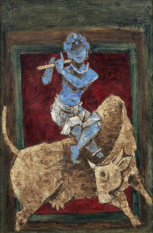 Blue Boy (Krishna) Atop Nandini - Maqbool Fida Husain Painting - Life Size Posters by M F Husain