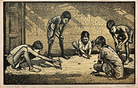 Boys Playing Marbles - Haren Das - Bengal School Art Woodcut Painting by Haren Das