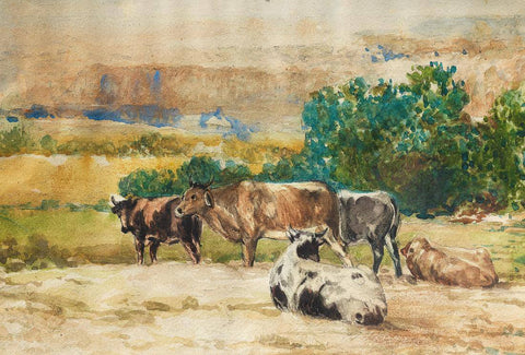 Cows In The Pasture - Allah Bux - Masters Painting by Ustad Allah Bux