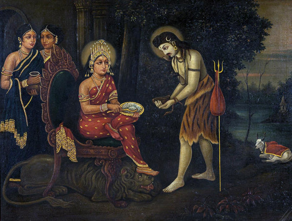 Devi Annapurna Offering Food To Lord Shiva - Early Bengal School Painting - Framed Prints