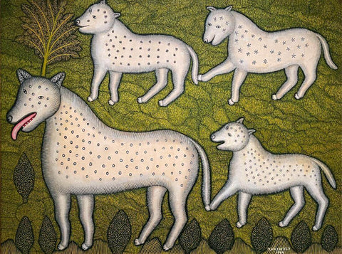 Dogs And Pups - Morris Hirshfield - Folk Art Painting by Morris Hirshfield