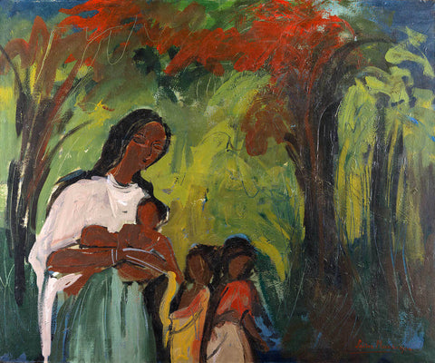 Family - Sailoz Mookherjea - Bengal School Art - Indian Painting by Sailoz Mookherjea