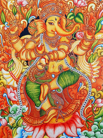 Ganapathy  - Kerala Mural Ganesha Painting by Tallenge
