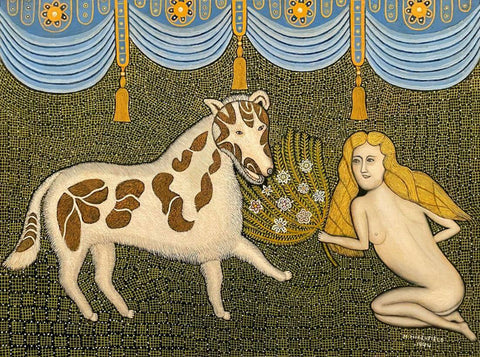 Girl With Horse - Morris Hirshfield - Folk Art Painting by Morris Hirshfield