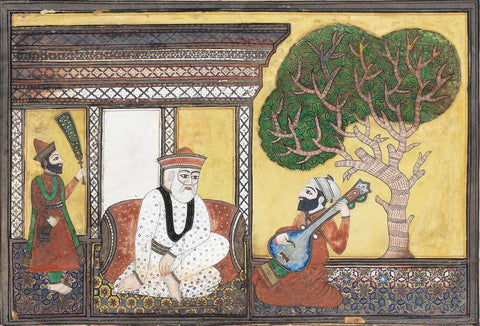 Guru Nanak Dev Seated In A Pavilion With Bala and Mardana - Punjab 19th Century - Vintage Sikh Art Painting by Tallenge