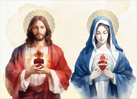 Jesus Sacred Heart  And Mary Immaculate Heart  - Christian Art Painting - Life Size Posters by Christian Artworks