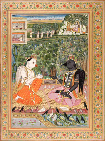 Kaka Bhushundi Narrates His Story To Garuda - A Folio From Kanchana Chitra Ramayana (Golden Illustrated Ramayana) - c1796 Vintage Indian Miniature Art Painting by Tallenge