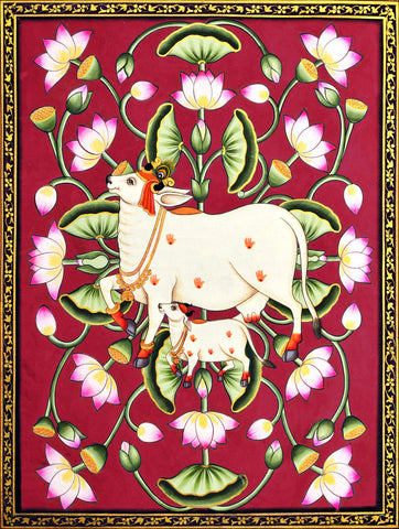 Kamadhenu Cow With Calf - Contemporary Krishna Pichwai Painting - Life Size Posters by Krishna Pichwai