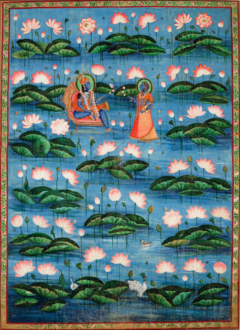 Krishna And Radha Amidst The Lotuses - 18th Century Vintage Pichvai Painting - Life Size Posters by Krishna Pichwai