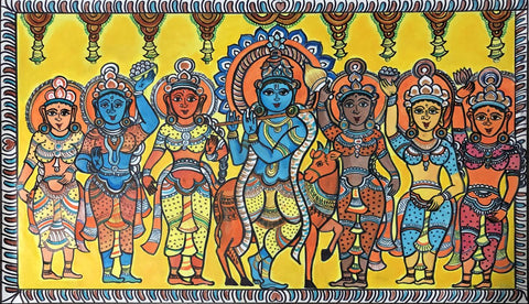 Krishna With Gopis - Kalamkari - Indian Folk Art Painting - Life Size Posters by Krishna Pichwai