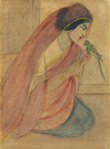 Lady With Parrot - Sunayani Devi - Bengal School Art - Indian Painting - Life Size Posters by Sunayani Devi