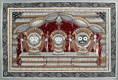 Lord Jagannath Balabhadra Subhadra In Shringar - Pattachitra Folk Art Of Orissa Painting - Art Prints