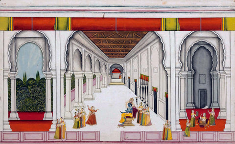 Lord Krishna Enthroned In A Palace - 19th Century Jaipur School Art Painting - Life Size Posters by Krishna Pichwai