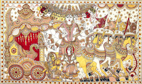 Lord Krishna Shows Vishwarupa to Arjuna During Mahabharata War (Gita Updesha) - Kalamkari Painting - Indian Folk Art - Life Size Posters by Krishna Pichwai