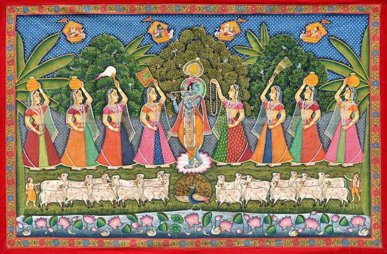 Artwork of Lord Krishna With Gopis - Pichwai Art Painting by Tallenge