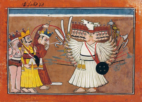 Lord Rama Battles Ravana - Rajput Painting - Mandi - 18 Century Vintage Indian Miniature Art From Ramayana by Tallenge