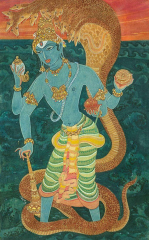 Lord Vishnu With Seshanaga At Vaikuntam - Indian Spiritual Religious Art Painting by Raja