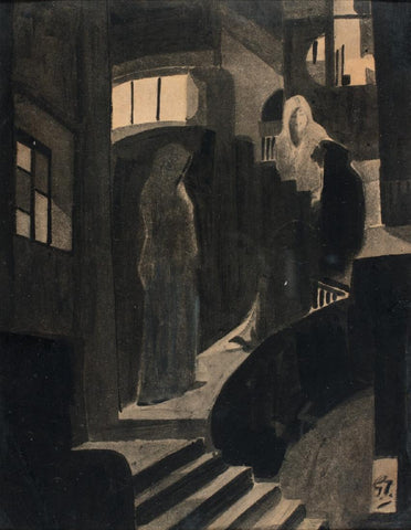 Meeting At The Staircase II - Gaganendranath Tagore - Bengal School - Indian Art Painting by Gaganendranath Tagore