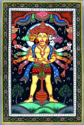 Panchmukhi Dasbhujadari Hanuman (Five-headed Ten-handed Hanuman) - Indian Miniature Pattachitra Painting by Raghuraman