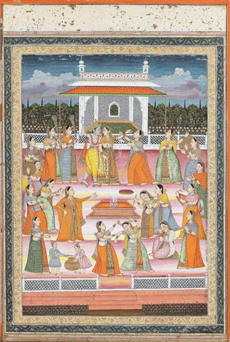 Radha And Krishna Celebrating The Holi festival - Lucknow 18th Century - Indian Vintage Miniature Painting by Tallenge