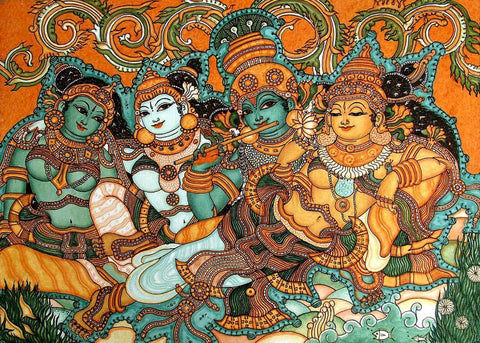 Radha And Krishna With Gopis - Kerala Mural Art Painting by Tallenge
