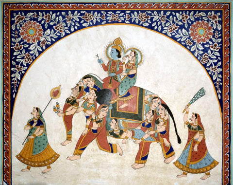 Radha And Krishna on Elephant Made of Lady Figures (Nari Kunjar) Painting - Vintage Indian Art - Life Size Posters by Krishna Pichwai