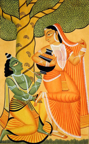 Radha Krishna - Kalighat School Of Art - Painting by Tallenge