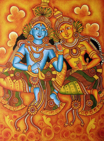 Radha Krishna  - Kerala Mural Painting - Indian Folk Art by Tallenge