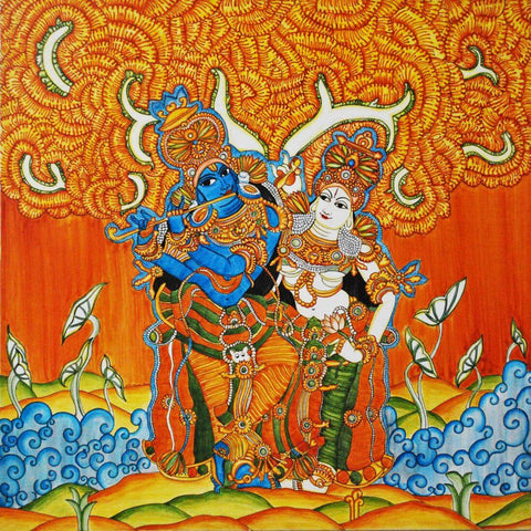 Radha Krishna - Kerala Mural Painting by Tallenge