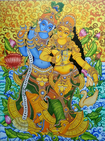 Radha Krishna Divine Love - Kerala Mural - Indian Folk Art Painting - Life Size Posters by Krishna Pichwai