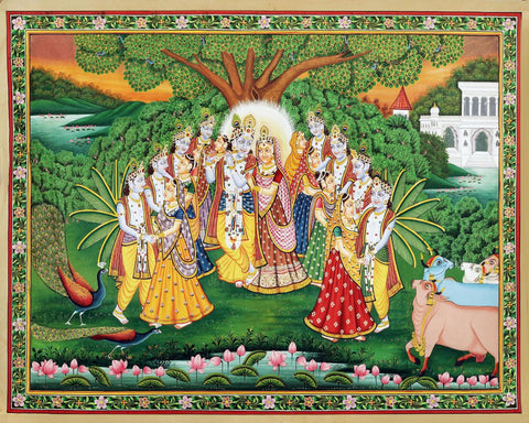 Radha Krishna In Vrindavan - Pichwai Art Painting - Life Size Posters by Krishna Pichwai