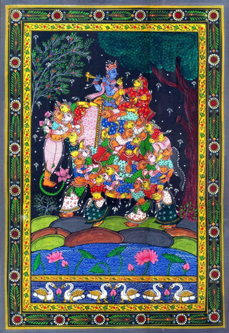 Radha Krishna on Elephant Made of Lady Figures (Nari Kunjar) - Madhubani Painting by Tallenge