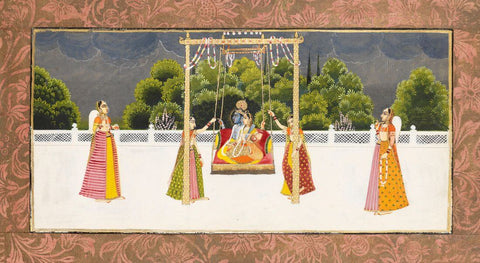 Radha and Krishna On a Swing on a Terrace During a Storm -  Bikaner 19th Century - Indian Vintage Miniature Painting by Pichwai Art
