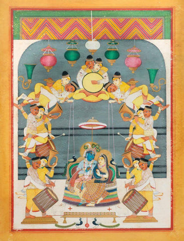 Radha and Krishna Seated On A Swing Composed Of Male And Female Musicians - 19th Century Jaipur School Painting by Tallenge