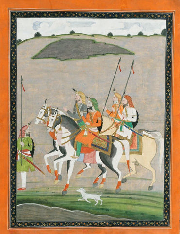 Rajah Hira Singh Riding With Noblemen -  Punjab Plains c1840  - Vintage Sikh Royalty Painting by Tallenge
