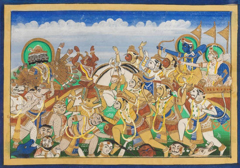 Ram And Lakhshman And The Monkey Army In Battle With The Forces Of Ravana - Jaipur School 19th Century - Indian Vintage Ramayan Painting by Raghuraman