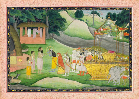 Ram Lakshman And Sita At Saint Bharadvajs Hermitage - Guler c1790 - Indian Vintage Miniature Ramayan Painting by Raghuraman