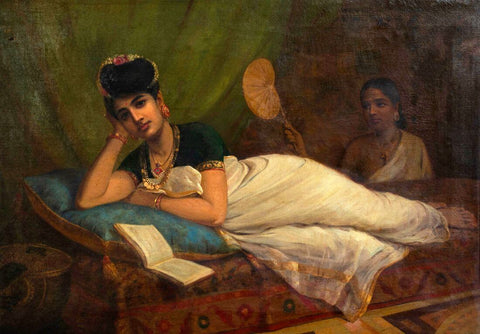 Reclining Nair Woman - Raja Ravi Varma Painting by Raja Ravi Varma