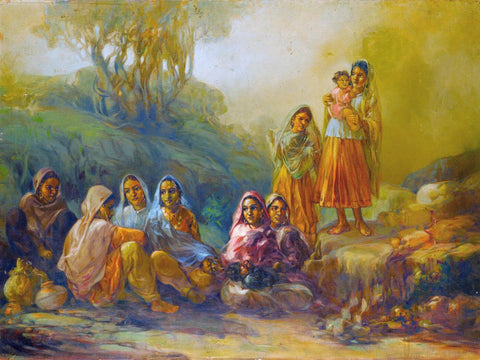 Sahelian (Girl Friends) - Ustad Allah Bux - Indian Masters Painting by Ustad Allah Bux