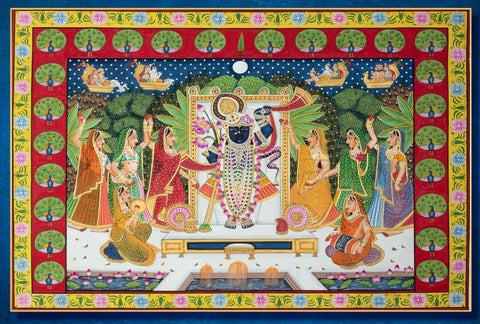 Shrinathji Sharad Poornima (Pichwai Nathdwara) - Kirshna Art Painting by Pichwai Art