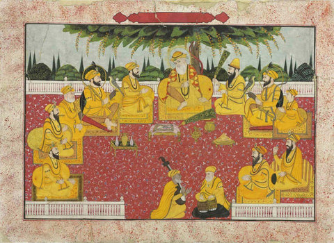 Sikh Gurus Celebrating Basant Panchmi  c1850 - Vintage Indian Sikhism Art Painting by Tallenge