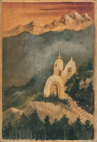 Temple In The Mountains - Gaganendranath Tagore - Bengal School - Indian Art Painting by Gaganendranath Tagore